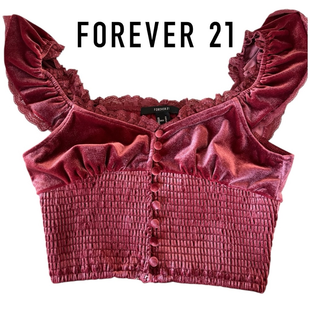 Forever 21 Burgundy Velvet Lace Crop Top | Romantic Parisian Coquette - Picture 3 of 8